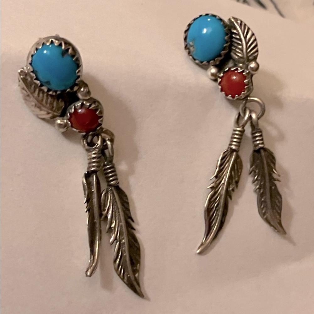 Vintage Silver RB Sterling Navajo Turquoise and Coral Earrings
